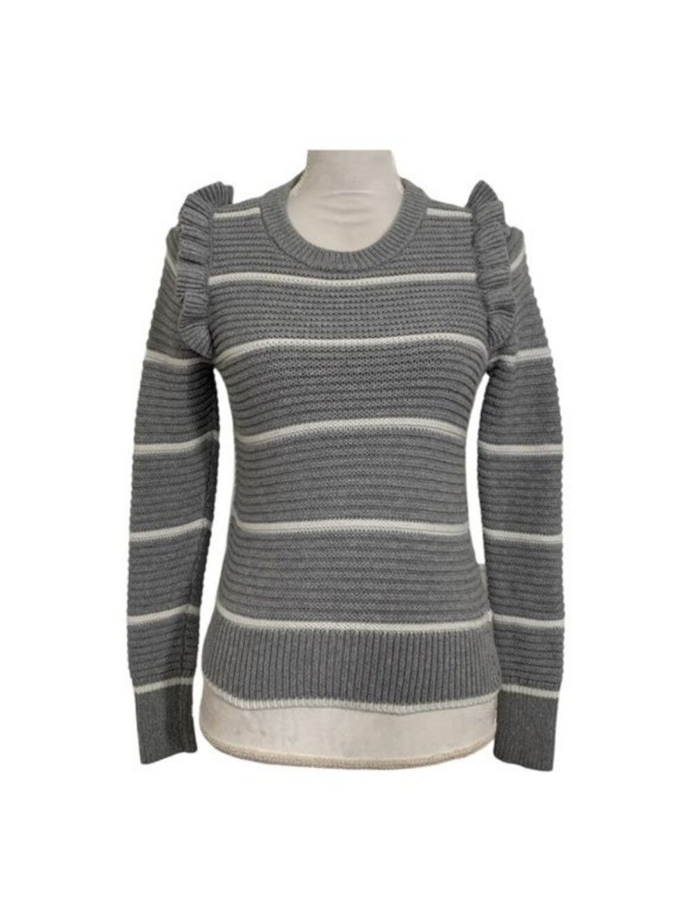 Banana Republic Gray Striped Ruffle Shoulder Knit Sweater XS